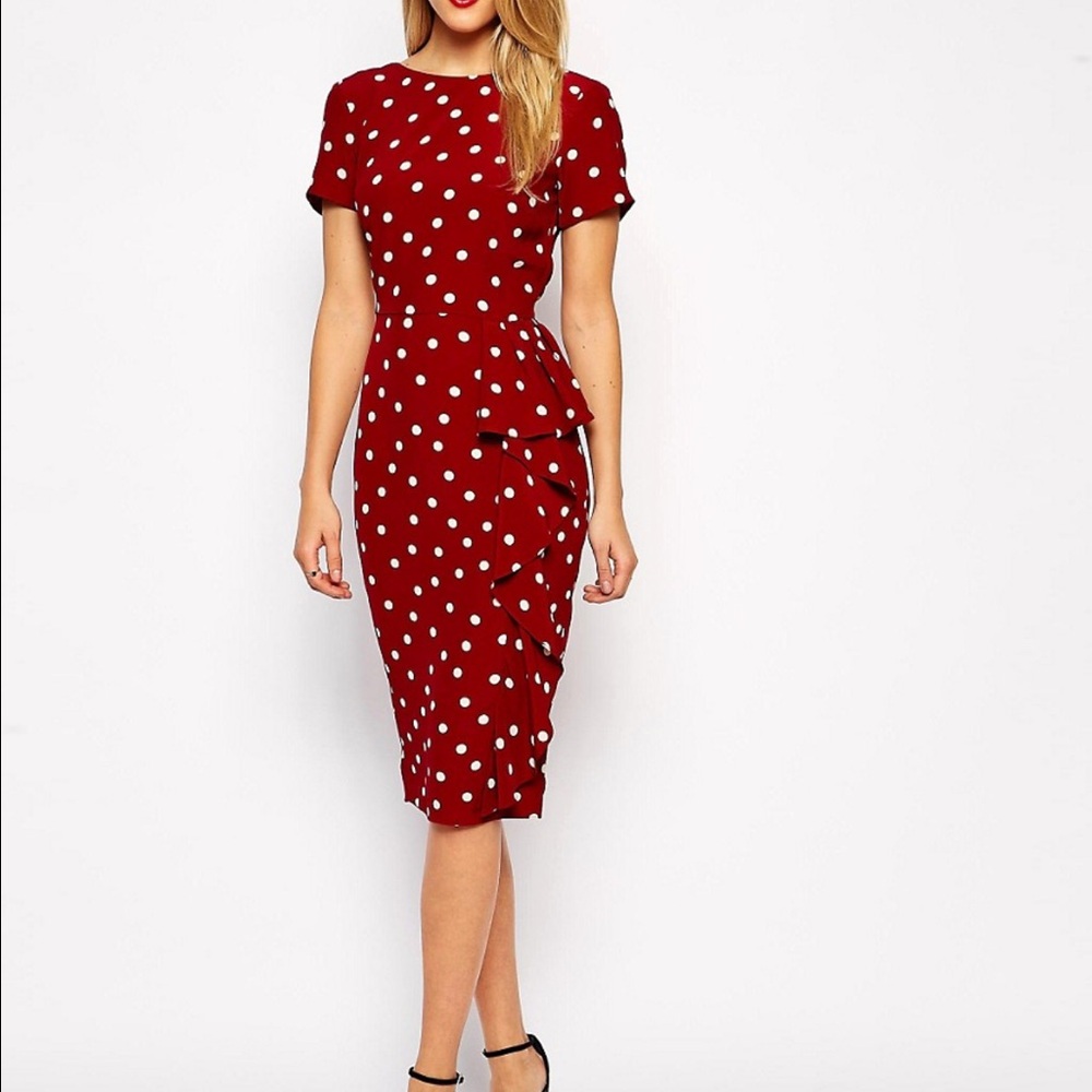 ASOS Dark Red Polka Dot Waterfall Midi Dress 0